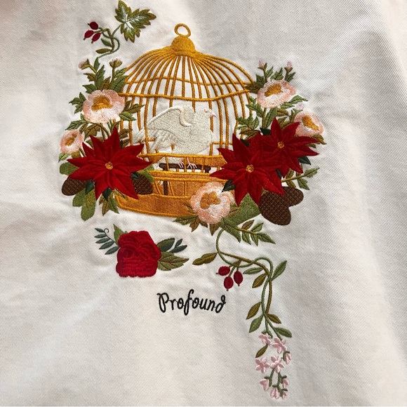 Profound Aesthetic white denim fleece lined trucker jacket | L | embroidered bk - Picture 7 of 15